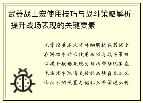 武器战士宏使用技巧与战斗策略解析 提升战场表现的关键要素